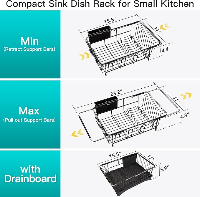 JASIWAY Dish Drying Rack in Sink, Expandable Stainless Steel Dish Drainers for Kitchen Counter, Space Saving Dish Dryer Rack with Drainboard, Over The Sink Dish Racks with Utensil Holder, Black