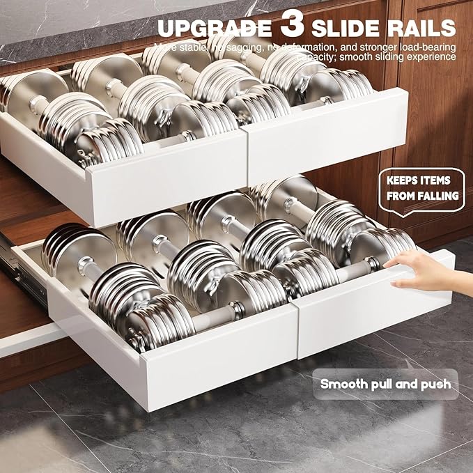 Seinloes Pull Out Cabinet Organizer,4-Side Expandable to Maximize Cabinet Space,Slide Out Drawers with 3 Rail Design,Roll Out Shelf with Raising Pad for Framed Cabinet,13"-21"W x 13"-17"D,White,2 Pack