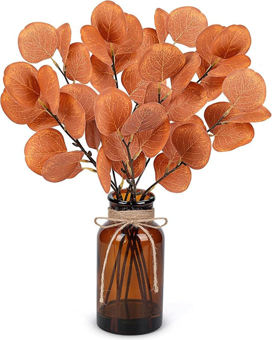 Der Rose 13.5" Fake Plants for Fall Bathroom Decor Autumn Artificial Eucalyptus Stems in Amber Glass Vase with Faux Water for Office Desk Accessories Home Table Fall Centerpiece Decor（Orange）