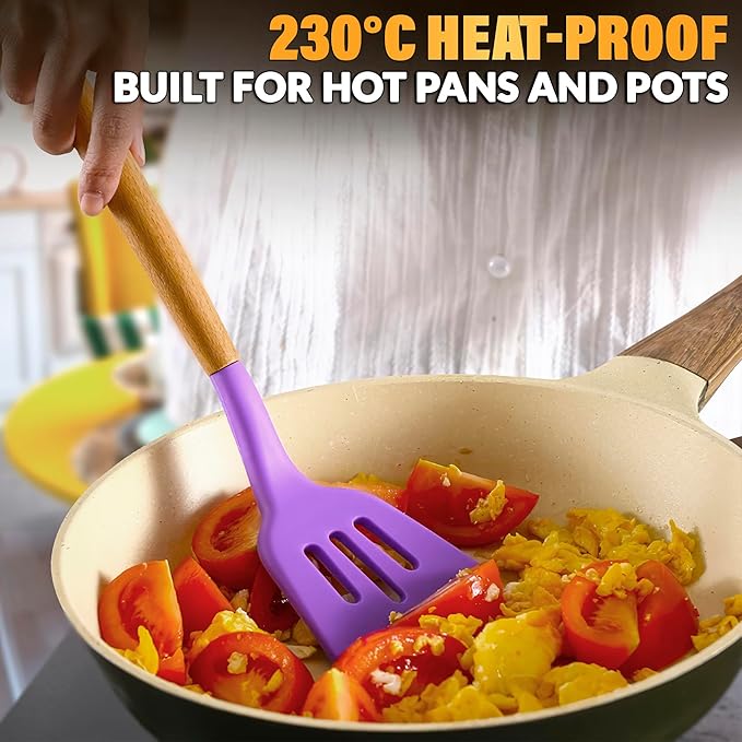 12 Pcs Purple Kitchen Utensils Set with Holder – Versatile Silicone Utensils Set for Cooking and Baking, Gentle on Pots and Pans, Heat-Resistant, Stylish, Easy to Clean, Purple Kitchen Accessories