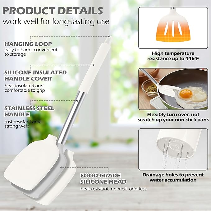 HaWare 29 PCS Silicone Cooking Utensils Set, Heat Resistant Kitchen Utensils Set with Stainless Steel Handle, Spatula Sets with Holder and Hooks, Kitchen Tools Gadgets for Nonstick Cookware -White