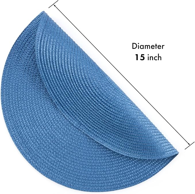 Winknowl Round Braided Placemats Set of 6 Washable Woven Heat Resistant Table Mats for Kitchen Dining Tables 15 inch Round Place Mats (Blue,6pcs)