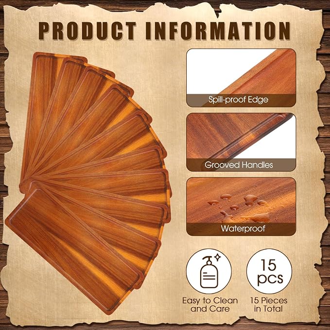 Skylety 15 Pack Solid Wood Serving Tray Large Acacia Party Server Platter Rectangular Charcuterie Board with Grooved Handle for Home kitchen Cheese Appetizer Farmhouse Table Supplies (16.7 x 6.4 Inch)