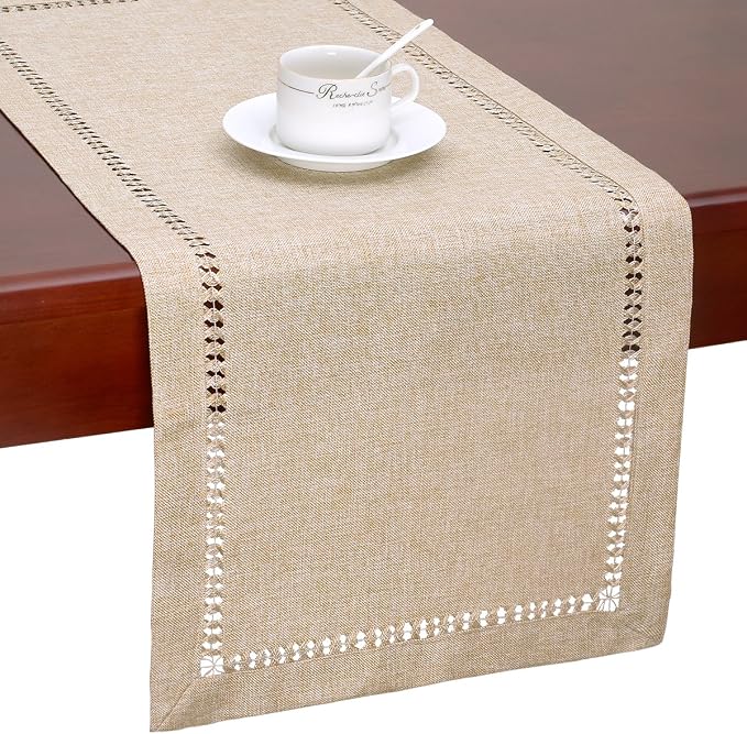 Grelucgo Handmade Hemstitch Beige Table Runner, Rectangular 14 by 90 Inch