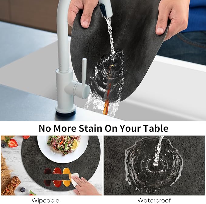 ADRIMER Placemats, Heat Resistant Round Placemats Set of 4 Washable, Waterproof Table Mats, Wipeable Faux Leather Place Mats for Kitchen, Dining Room, Dark Grey