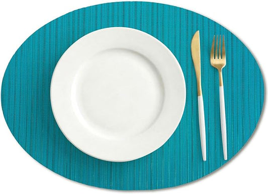AHHFSMEI Oval Placemats Set of 6 Woven Vinyl Non-Slip Heat Resistant Stain Resistant Easy Clean Place mats for Dining Table(Turquoise)