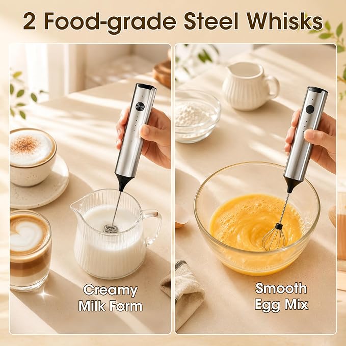Milk Frother Handheld, Electric Milk Foamer with 2 Whisks & 3 Speeds, USB-C Rechargeable Stainless Steel Drink Mixer, Mini Egg Beater for Latte Cappuccino Matcha Hot Chocolate Protein Shake, Silver