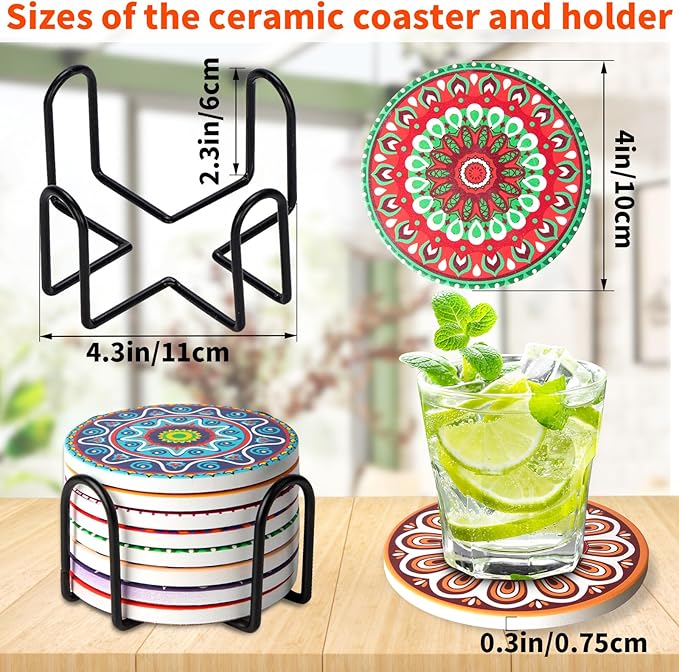 Drink Coasters with Holder Set of 8 Ceramic Boho Mandala Coasters for Drinks Absorbent Stone with Cork Base Colorful Decor for Coffee Beer Mugs Glasses Cups Housewarming Table Desk Protection