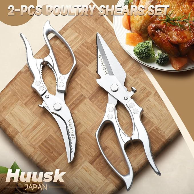 Huusk Heavy Duty Kitchen Scissors Set – All Purpose Japanese Poultry Shears for Chicken, Meat, Fish, Vegetables & Pizza with Ergonomic Non-Slip Silver Handle, Gifts for Women Men