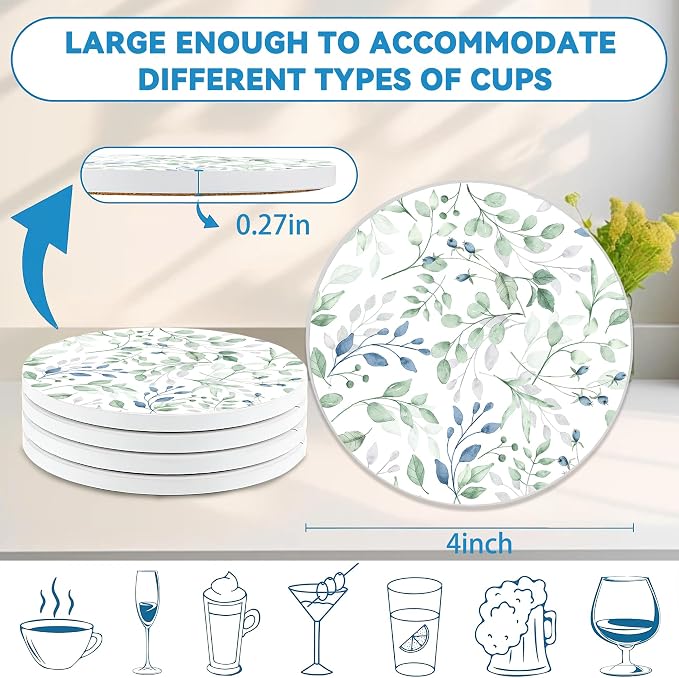Drinks Coasters Set of 4, Green Plants Sage Round 4" Cup Coasters, Absorbent Ceramic Stone Coasters with Cork Base, Cute Coasters for Table Home Décor, Ideal Gifts for Women Men