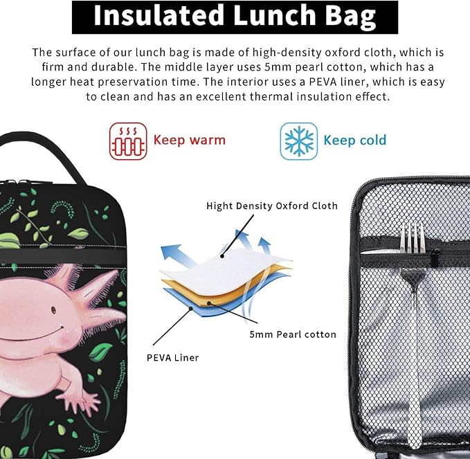 Gianlaima Cute Pink Axolotls Kawaii Axolotl Insulated Lunch Box For Women Man, Portable Lunch Bag Reusable Cooler Tote For Office Work Travel Picnic Camping Beach