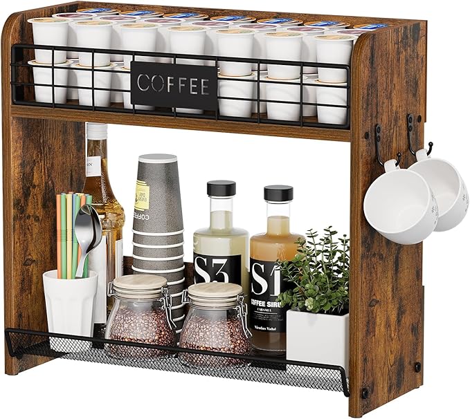 YINMIT K Cup Pod Holder, K Cup Organizer with 2 Mug Hooks, 2 Tier Keurig Coffee Pod Holder, Wood Coffee Bar Station Organizer for Countertop, Home, Office, Kitchen, Retro