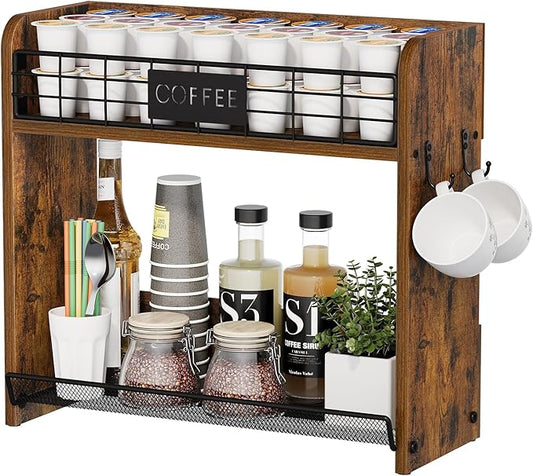 YINMIT K Cup Pod Holder, K Cup Organizer with 2 Mug Hooks, 2 Tier Keurig Coffee Pod Holder, Wood Coffee Bar Station Organizer for Countertop, Home, Office, Kitchen, Retro