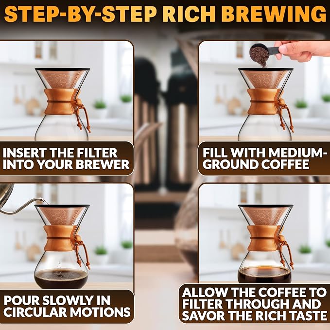 Pour Over Coffee Filter Reusable Stainless Steel - 800 Mesh Copper Cone with Black Ring for Clean, Sediment-Free Brew, Compatible with Hario V60 & Chemex, Paperless Coffee Dripper with Cleaning Brush