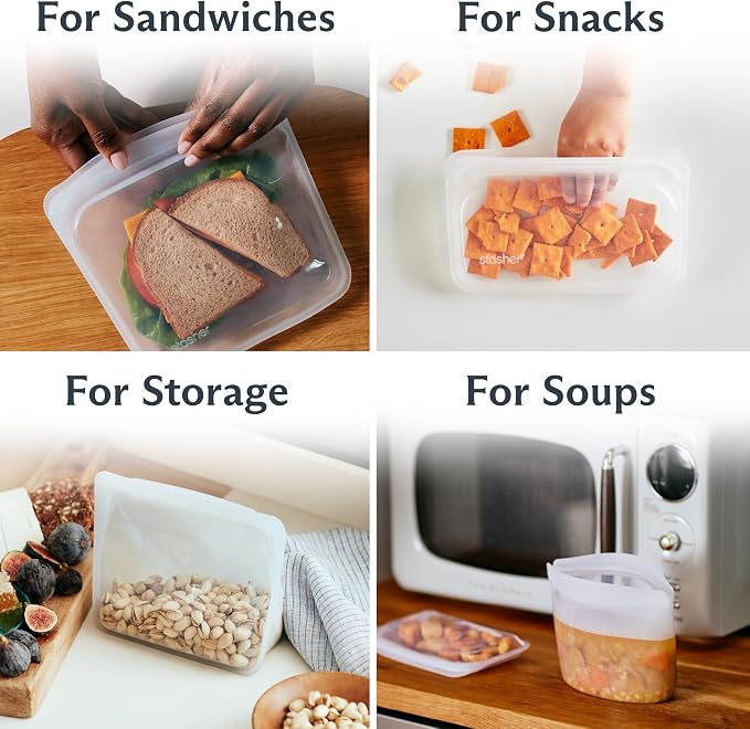 Stasher Silicone Reusable Storage Bags, 4-Pack Starter Kit, Reusable Freezer Bags, Microwave, Dishwasher, Oven Safe, Sous Vide, Premium Lunch Containers, Eco Friendly, Food Storage Bags, Clear