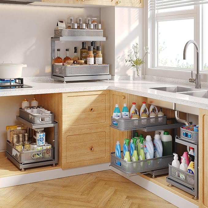 2-Pack Under Sink Storage Organizer with 2-Tier Slide Out Drawer, Sophisticated Mesh Pull Out Shelf for Kitchen & Bathroom, Fits Small Items, Upgraded Arched Track for Smooth Gliding-Gun Gray