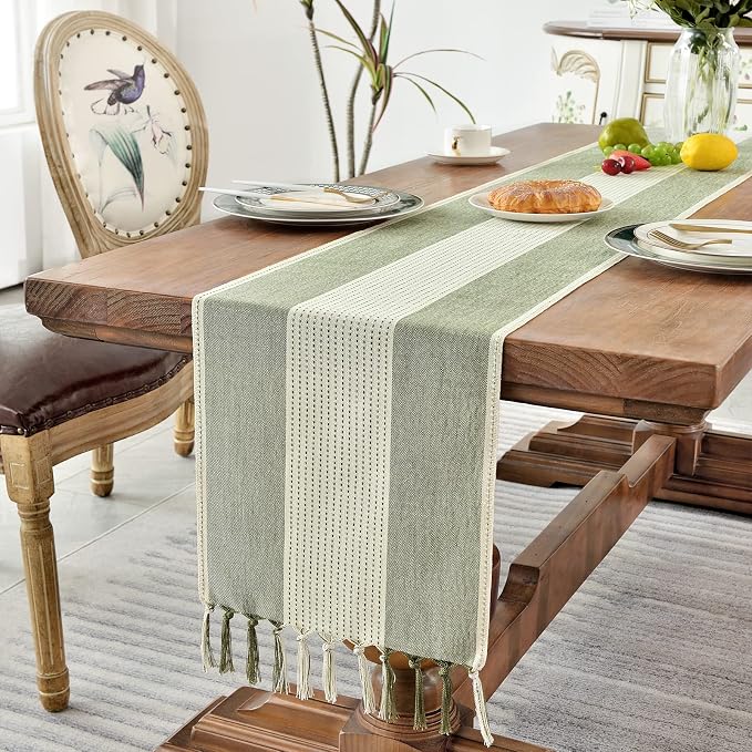 Wracra Linen Table Runner, Farmhouse Macrame Table Runners 48 Inches Long for Dining Table Decor, Wedding, Party and Dresser Decor (Sage Green,48")