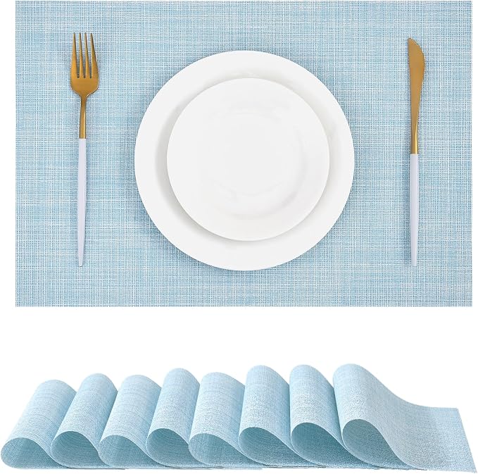Leetaltree Soft Sky Blue Woven Placemats Set of 8 - Heat Resistant Non-Slip Place mats for Dining Table, Washable Durable PVC Vinyl Woven Table Mats(Sky Blue, 8)