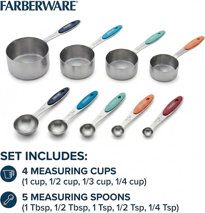 Farberware Stainless Steel Measuring Cups and Spoons Set - Retro Rainbow Design with Soft Grip Handles, Nested Storage Ring Included, Essential Kitchen Gadgets for Baking and Cooking, 9 Piece