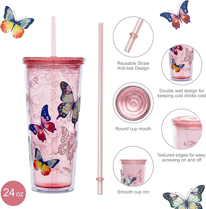bzyoo Double Wall Tumbler with Straw and Lid Bottle Cold Drink Travel Mug Cup, 24oz (Butterfly Pink)
