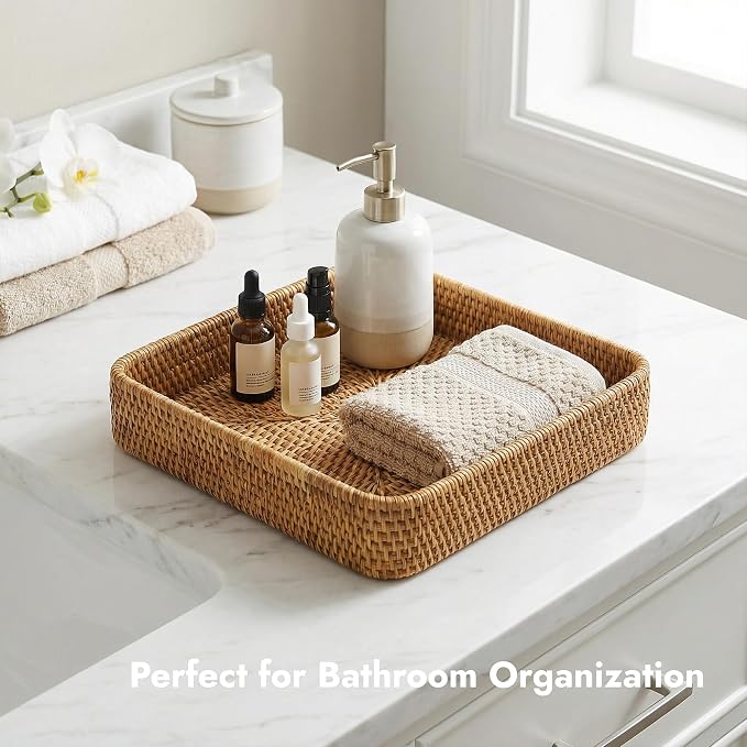 8.3" x 8.3" Wicker Tray, Woven Decorative Tray, Square Rattan Tray Bathroom Vanity Tray Catchall Organizer for Perfume Skincare Jewelry Coffee Bar Kitchen Counter Nightstand Living Room (Square S)