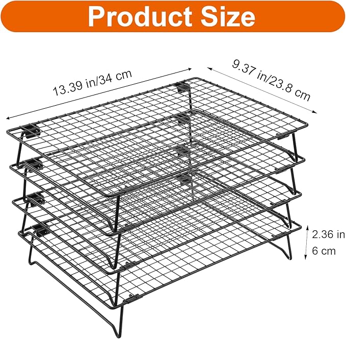 4Pcs Cooling Racks for Cooking and Baking, 13.4" x 9.4" Cookie Cooling Racks, 4-Tier Stackable Carbon Steel Wire Cooling Rack for Baking, Cookie, Pizza, Cake, Roasting, Making Jerky