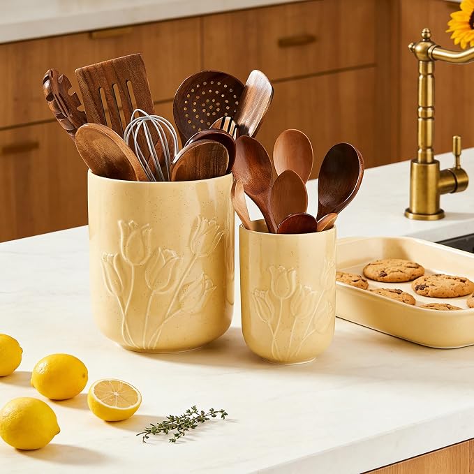 Tulips Beige Ceramic Utensil Holder Set, Large Kitchen Utensil Crocks – Modern Countertop Organizer for Cooking Utensils, Spatula, Spoons | Practical Kitchen Counter Decor