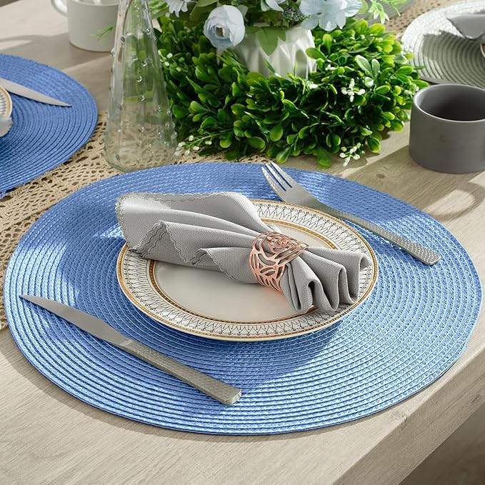 AHHFSMEI Round Placemats Set of 6 Heat Resistant Washable Non-Slip Woven Braided Table Mats for Dining Table Kitchen & Home Decor (Sky Blue)