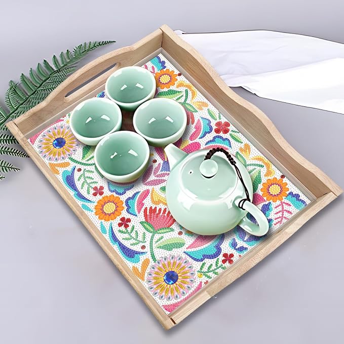 Generic DIY Diamond Serving Tray Rectangular Upgrade Increase Breakfast Tray with Handles Handmade Diamond Art Painting Wooden Tray Dinner Plate for Coffee Living Room Home Organizer-Pattern01