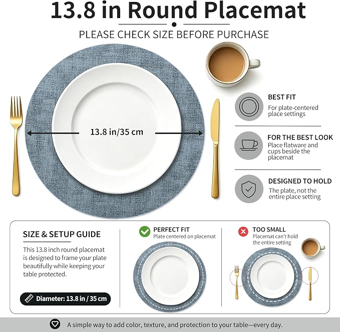 Maxpearl Round Placemats Set of 6, 13.8 inch Faux Leather Heat Resistant Table Mats, Non Slip Waterproof Wipeable Place Mats for Kitchen Dining Holiday Party Table Settings, Blue
