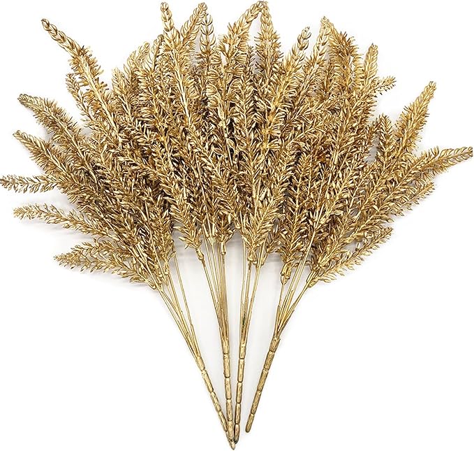 CATTREE Christmas Artificial Golden Plants, Plastic Grass Faux Shrubs Fake Lavender Leaves Simulation Wheat Ears Bushes Home Indoor Wedding Party Decoration Hall Table Planter Filler - Gold 4 Pack