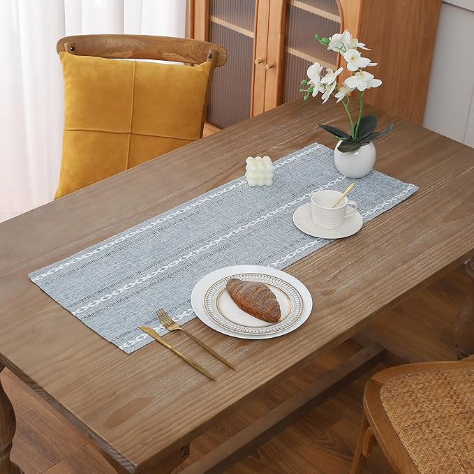 Gernaice 2PCS Boho Table Runner, Rustic Cotton Linen Farmhouse Table Runners for Dresser End Coffee Table Home Decor, 24" L X 13" W Blue