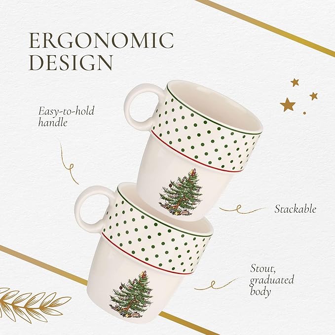 Spode Christmas Tree Polka Dot Stackable Mugs, Set of 4 - Festive 10oz for Hot Chocolate & Coffee, Space-Saving Design, Dishwasher, Microwave, Freezer Safe - Fine Earthenware Holiday Mugs