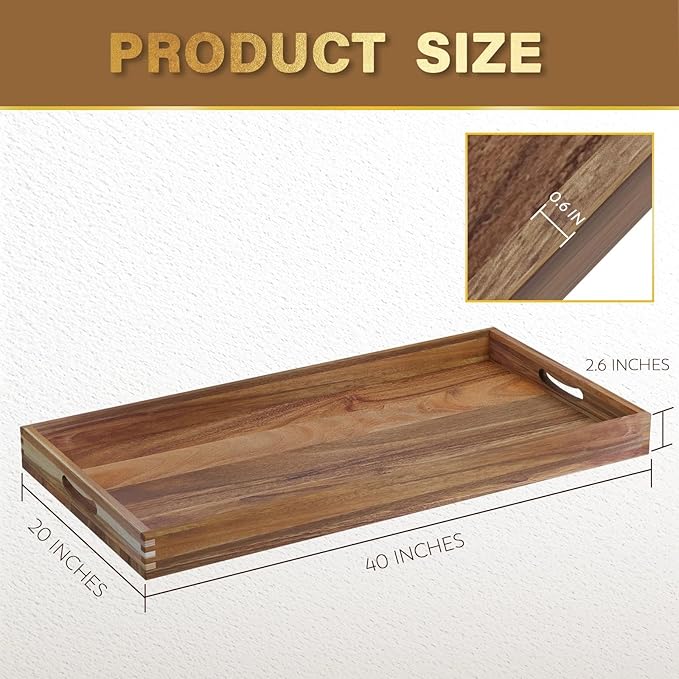 MAONAME Extra Large Ottoman Tray, 40 x 20 inches Wooden Serving Tray for with Handles, Acacia Wood Serving Platter Trays for Living Room, Breakfast