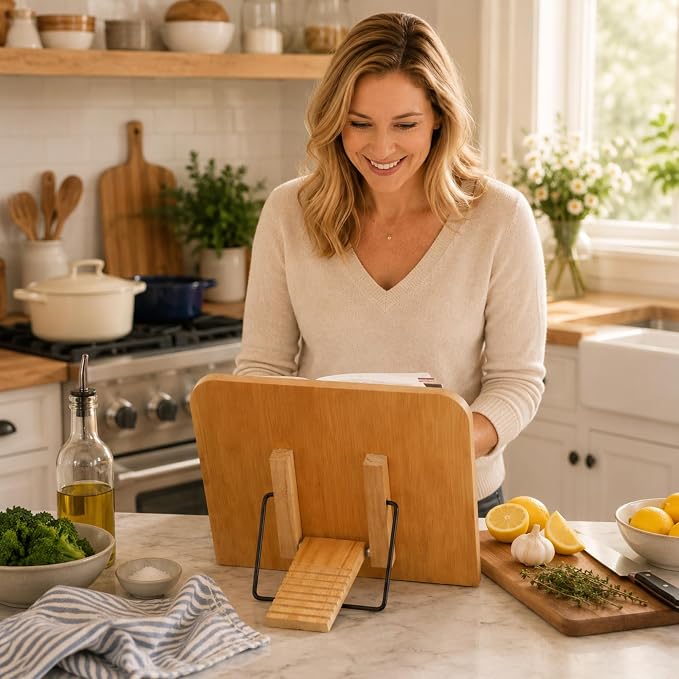 Solid Wood Book Stand – Hands-Free Cookbook & Recipe Book Holder for Kitchen Counter, Tablet Stand, Desktop Music Stand Bible Stand, Cook Book Stand, Stylish Kitchen Counter Decor & Plate Display
