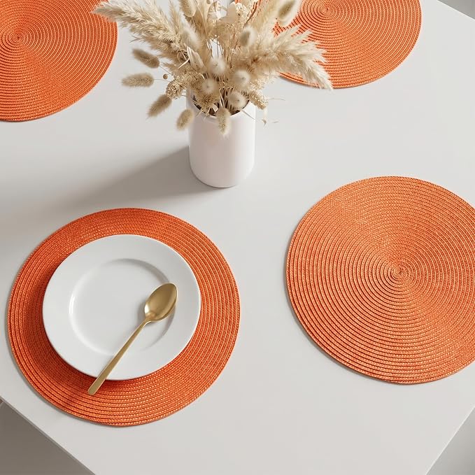 AHHFSMEI Round Placemats Set of 4 Heat Resistant Washable Non-Slip Woven Braided Table Mats for Dining Table Kitchen & Home Decor (Orange, 4)