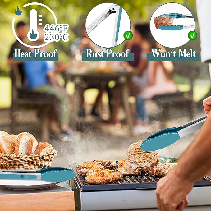 TeamFar Kitchen Tongs, 9" and 12" Stainless Steel Cooking Tongs with Silicone Tips for Cooking Grilling Serving & BBQ, Heat Resistant Silicone Tongs, Locking Design & Dishwasher Safe, Set of 2 & Blue