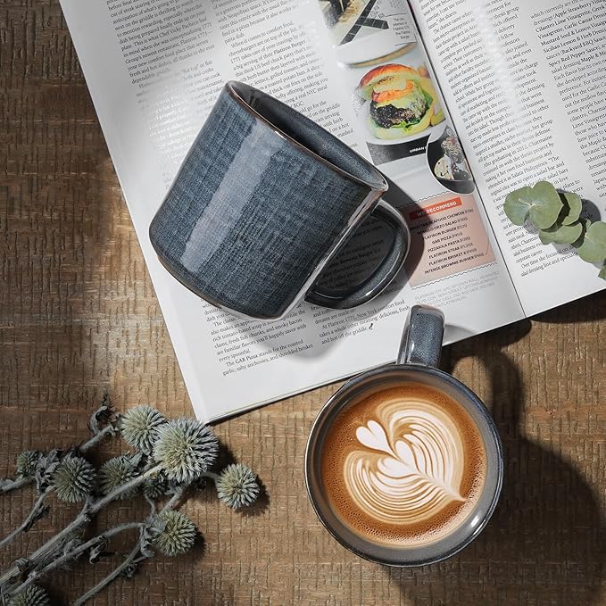 famiware Moonlight Coffee Mug Set of 4, 14oz Mug Set with Linen Finish, Coffee Cup Set with Handle for Latte, Cappuccino, Tea, Hot Cocoa, Microwave and Dishwasher Safe, Dark Blue