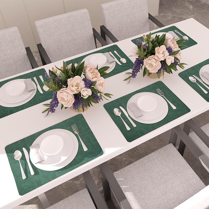 Maxpearl Faux Leather Placemats Set of 6 - Waterproof - Wipe Clean - Heat Resistant - Anti Slip Dining Table Place Mats, Suitable for Indoor & Outdoor Use, 17’’×12’’, Dark Green