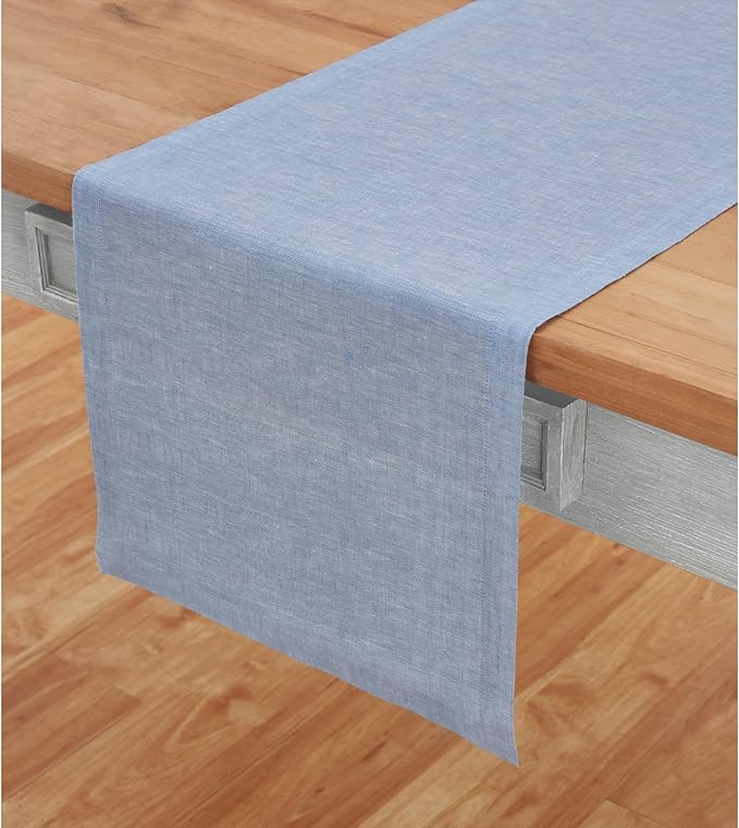 Solino Home Linen Table Runner 144 Inches Long - Athena, 100% Pure Linen Chambray Blue 14 x 144 Inch Table Runner for Dining, Spring, Summer