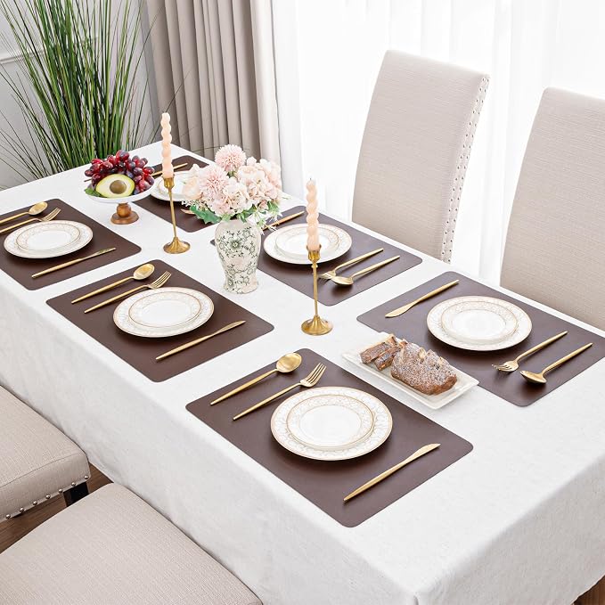 SHACOS Placemats Set of 6 Faux Leather Waterproof Leakproof Wipeable PU Non-Slip Vinyl Place Mats Heat Resistant Table Mats for Kitchen Dining Table Indoor Outdoor, Chocolate Brown