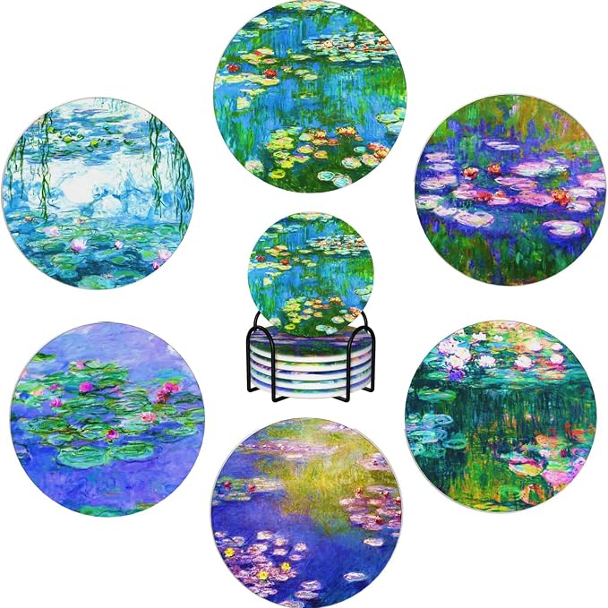 Monet Water Lilies Drinks Absorbent Coasters with Holder Set of 6, Coffee Table Decor, Ceramic Stone Coaster with Cork Base Tabletop Protection Mat for Mugs and Cups,Office,Kitchen