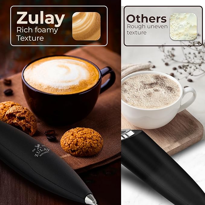 Zulay Kitchen Powerful Milk Frother Wand With Duracell Batteries - Ultra Fast Handheld Drink Mixer - Electric Whisk Foam Maker for Coffee, Lattes, Cappuccino & Matcha - Triple Whisk - Quartz Obsidian