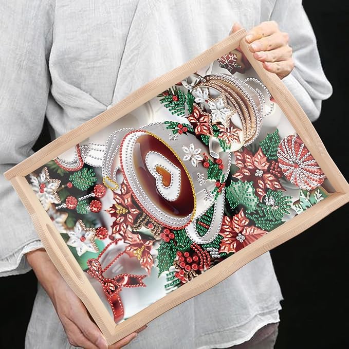 DIY Diamond Serving Tray Rectangular Breakfast Tray with Handle Handmade Diamond Art Painting Wooden Tray for Dinner Plate Coffee Room Living Home Organizer-Coffee