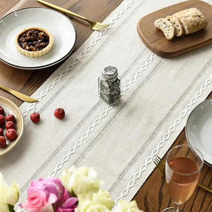 Artoid Mode Beige Rustic Cotton Linen Table Runner, Seasonal Embroidered Hollow Kitchen Dining Table Decoration for Home Party Decor 13x108 Inch