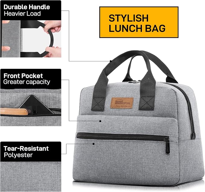 HOMESPON Insulated Lunch Bag for Women Men Lunch Box Cooler Lunch Tote for Work Picnic (Grey)