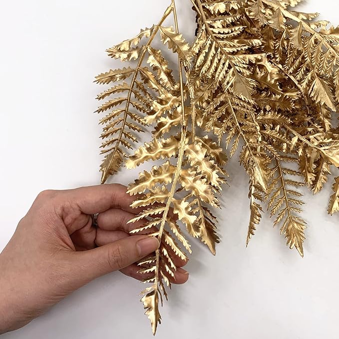 CATTREE Artificial Plants Christmas Decoration, Plastic Golden Boston Plant Fake Simulation Fern Leaves for Wedding Bridal Bouquet Party Indoor DIY Home Office Table Centerpieces Decor - Gold 4 Pack