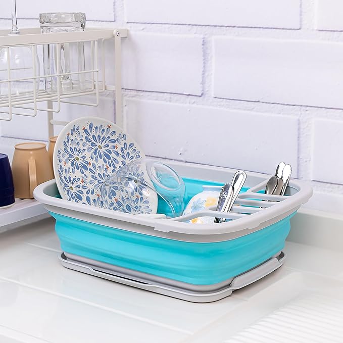 SAMMART 8L (2.11Gallons) Collapsible Plastic Dish Drainer with Drainer Board - Foldable Drying Rack Set - Portable Dinnerware Organizer - Space Saving Kitchen Storage Tray (Grey/Cyanine, 1)