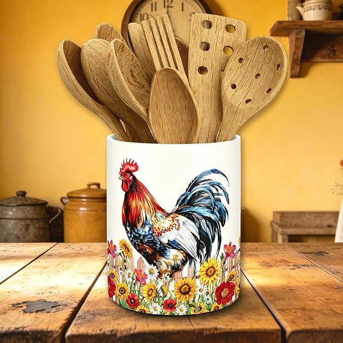 JarThenaAMCS Vintage Rooster Sunflower Ceramic Utensil Holder Rooster Floral Utensil Crock for Farmhouse Home Kitchen Countertop Storage Organizer Container