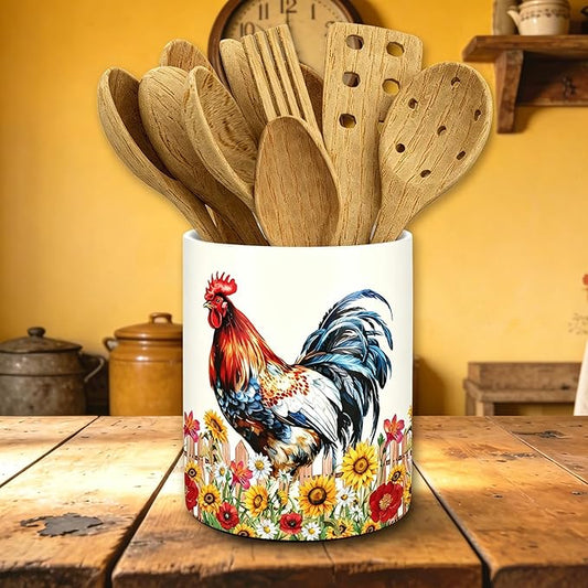 JarThenaAMCS Vintage Rooster Sunflower Ceramic Utensil Holder Rooster Floral Utensil Crock for Farmhouse Home Kitchen Countertop Storage Organizer Container
